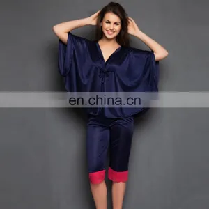 2 Pcs Satin Nightwear Set in Navy & Pink - Kaftan Top & Pyjama thumbnail-1