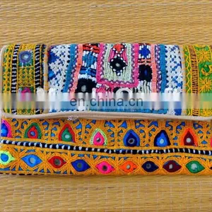Handmade Patchwork Clutch- Kutchiwork Pompom Clutch Bag- Boho Beads Mirror Embroidery- Bohemian Banjara Clutch Purse thumbnail-1