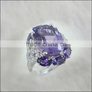 925 Sterling Silver Natural Gemstone Amethyst Rhodium Plated CZ Ring thumbnail-1