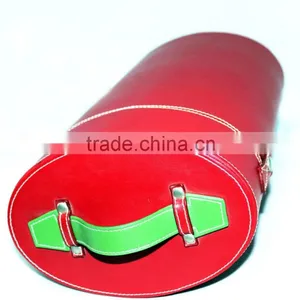 Red Color Leather Round Barrel Wine Box/Case With Handle thumbnail-6