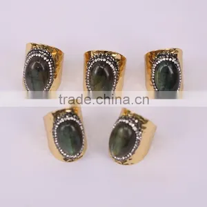 Natural Labradorite Stone Ring, Metal Gold Plated Ring, Pave Setting Crystal Jewelry Finger Gold Plated Druzy Ring thumbnail-3