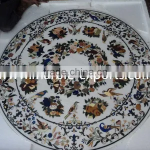 White Round Marble Stone Inlay Dinning Table Top Pietra Dura Table Top thumbnail-6