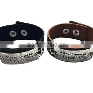 Brown/black Color Adjustable Bracelets,inspirational Words Metal Charm Cuff Bracelets,wide Leather Bracelet thumbnail-1