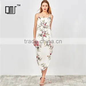Slip Floral Printed Drawstring Waist Asymmetric Chiffon Women Dress thumbnail-1