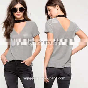 Custom Wholesale V-neck and Back Cotton Striped t Shirt for Women thumbnail-1