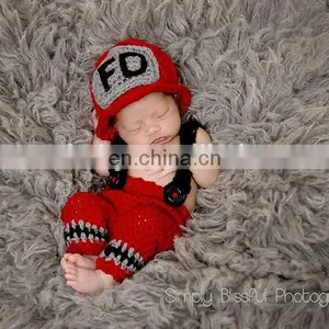 Newborn Baby Firefighter Fireman Red Hat Outfit, 2 pc Red Pant Set W/Suspenders, Photography Prop thumbnail-1