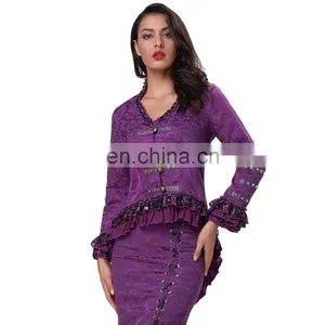 Belle Poque Women's Gothic Victorian Corset Style Lace Embellished V-Neck Jacquard Purple Coat Retro Vintage Tops BP000223-3 thumbnail-1