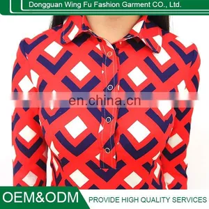 Ladies Retro Printing Red Knitted Cotton Shirt Style Long Sleeve Lapel Dress thumbnail-5
