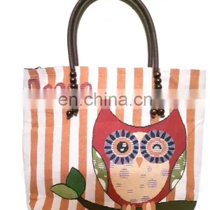 Cotton Canvas Fabric Owl Design Shopping Tote Bags thumbnail-1