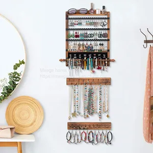JEWELRY ORGANIZER WALL MOUNTED WALL JEWELRY ORGANIZER SET OF 3 WOOD HANGING JEWELRY ORGANIZER RUSTIC JEWELRY HANGER FOR JEWELRY STORAGE DISPLAY GIFT (BROWN+BLACK) thumbnail-1