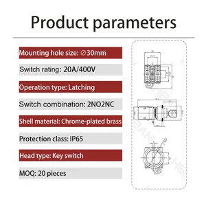 Ip65 30mm Key Rotary 3 Position Chrome Plated Brass 20a 2NO 2NC Latching Switch thumbnail-2