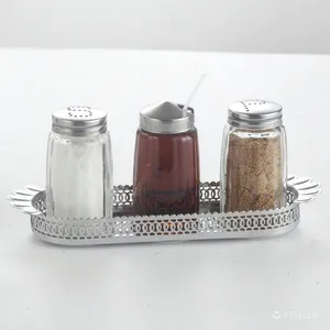 Glass Salt Pepper Mustard Condiment Set With Stainless Steel Rack thumbnail-4