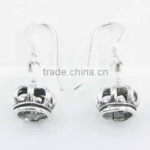 Dainty Sterling Silver Crown Dangle Earrings thumbnail-1