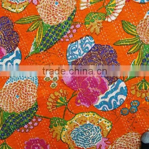 Floral Print Decorative Kantha Stitch Quilt Pure Cotton Reversible Bedspread Orange Gudri Queen Size Bedspread thumbnail-5