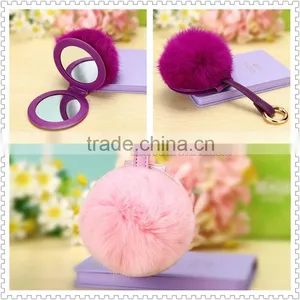 9cm Genuine Rex Rabbit Double Makeup Mirror Keychain Fur Ball Key Chain thumbnail-1