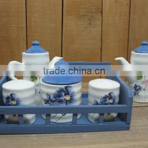 New Ceramic 5pcs Condiment Set With Wood Stand thumbnail-1