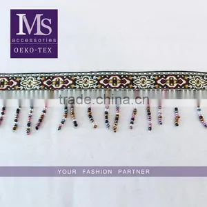 Newest Design 5 cm Width Ethnic Embroidery Nylon Webbing With Beaded Fringe thumbnail-1