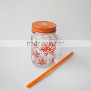 Hot Sale Snowflake Surface Handling Glass Cold Drink Jar With Straw thumbnail-3