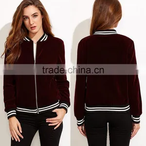 Jacket Women Winter Burgundy Stand Collar Bomber Jacket Slim Fit Velvet Blazer With Striped Trim Detail thumbnail-1