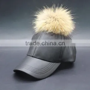 PU Leather Baseball Cap With Fake Foxfeather Pom Pom thumbnail-6