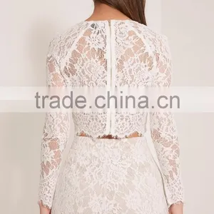 Crochect White Lae Designs Long Sleeve Two Piece Sets Lace Crop Top and Short Pants Designs thumbnail-5