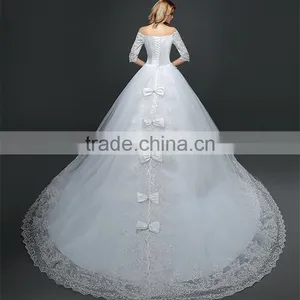 MGOO Lace Trim Hem Beaded Empire Vintage Floor Length Off Shoulder Wedding Dress Bride Grown Long Sleeve thumbnail-2