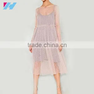 Lvdong 2017 Summer Women Long Sleeve Mesh Dotted Sexy Midi Dress thumbnail-1