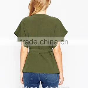 Wholesale Wide-cut Cuffs Wrap Design Lady Blouse,fashion Belted Blouse 2016 thumbnail-3