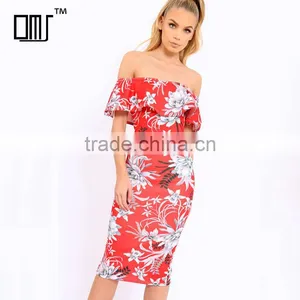 Best Sell Women Clothing off the Shoulder Floral Bodycon Midi Dresses thumbnail-1