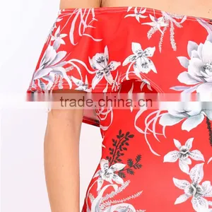 Best Sell Women Clothing off the Shoulder Floral Bodycon Midi Dresses thumbnail-6