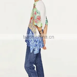 Women Summer Clothes Rinted Shivering Blue Satin Women Short Sleeve Shirt thumbnail-2