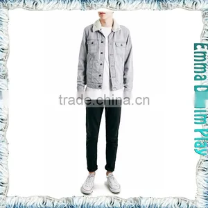 Mens White Grey Denim Jacket in Medium Worn Wash With Fur Collar thumbnail-3