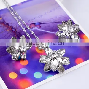Blue/White/Pink Flower Necklace Earring Set Rhinestone Crystals for Women Jewelry thumbnail-3