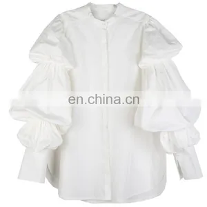 Fashion Puff Sleeve Shirts Women Blouse Buttons Casual Loose Solid Party Tops Long Sleeve Work Blusas Femininas Plus Size thumbnail-6