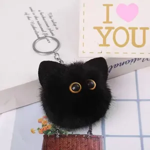 Cute Black Faux-fur Cat Face Pompom Keychain thumbnail-4