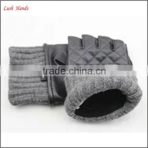 Ladies Half Finger Leather Driving Gloves Knitted Cuff Leather Glove thumbnail-4