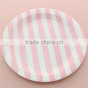 9 Inch Baby Pink Striped Round Paper Plates for Wedding Decoration thumbnail-1