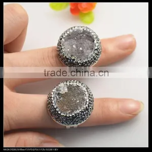 LFD-0014R ~ Wholesale Crystal Rhinestone Beads Paved Round Drusy Agate Rings Rhodium Plated Adjustable Size Woman Ring thumbnail-1