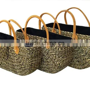 High Quality Best Selling Black Water Hyancinth Lady Handbag With Leather Handle From Vietnam thumbnail-1