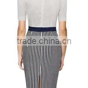 Women's Business Polo Neck Contrast Stripe Short SleeveFitted Pencil Dress thumbnail-2