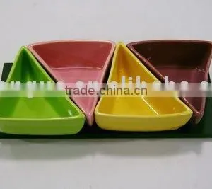 Ceramic Snack Dish With Wooden Base thumbnail-1