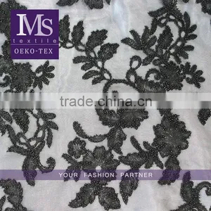 Latest Modern Black Beads Embroidery Textile Fabric for Cloths or Dress thumbnail-1