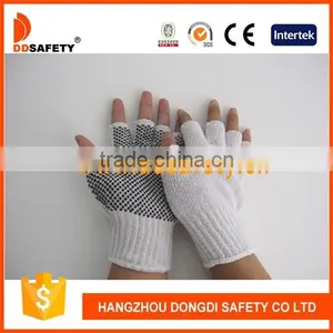 DDSAFETY White Cotton Polyester String Knit Gloves With Black PVC Dots One Side Half Finger Gloves thumbnail-1