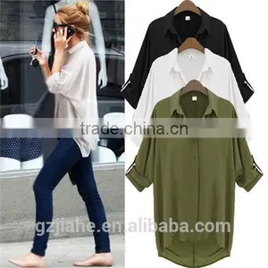 3 Colors Plus Size 2015 New Fashion Casual Women Clothing Ladies Chiffon Lapel Long Batwing Sleeve Shirt Top Blouse thumbnail-1