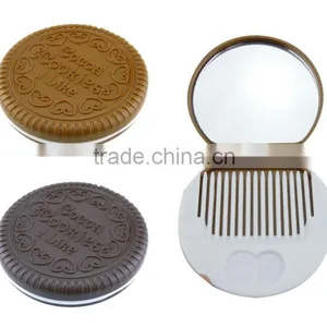 Promotional Costume Plastic Biscuit Pocket Mirror With Brush Comb thumbnail-1