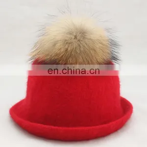 New Fashion Wholesale Ladies Red Straw Fedora Hat With Real Fur Pom Pom thumbnail-3