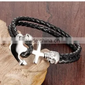 Cheap Stainless Steel Skull Boat Anchor Double Braided Leather Bracelet Punk Rock Style thumbnail-3
