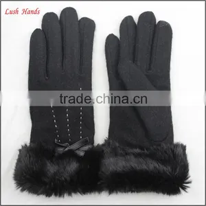 Women Woolen Cheap Hand Gloves Winter Dress Gloves With Black Fake Fur thumbnail-4