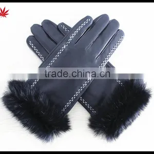 Rabbit Fur Trim Leather Gloves Women Leather Gloves thumbnail-3
