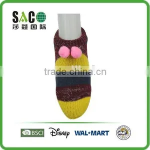 Yellow Brown Navy Contrast Color Stripe Acrylic Floor Footie With Pink Pom Pom thumbnail-1